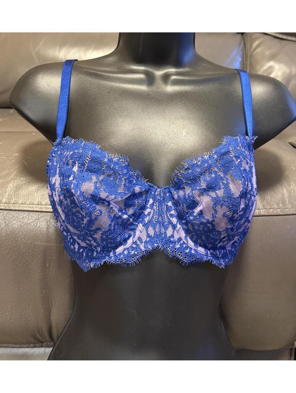 BRA Victoria's Secret Very Sexy Unlined Demi Bra 32DD Blue Lace lavender lining